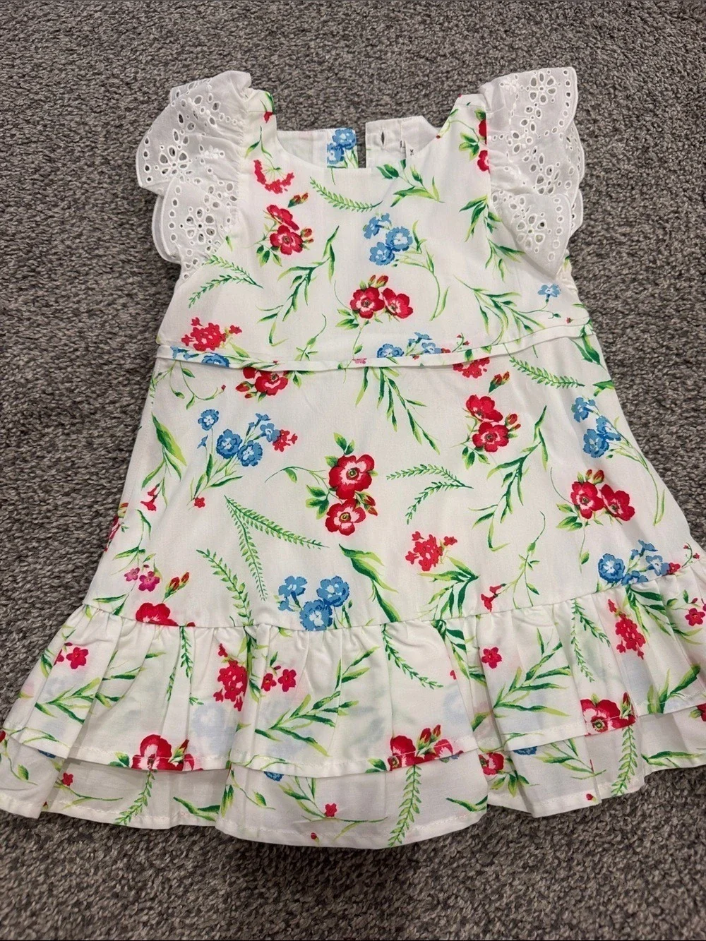 Janie and Jack White Floral Eyelet Sleeve Dress with Red and Blue Flowers